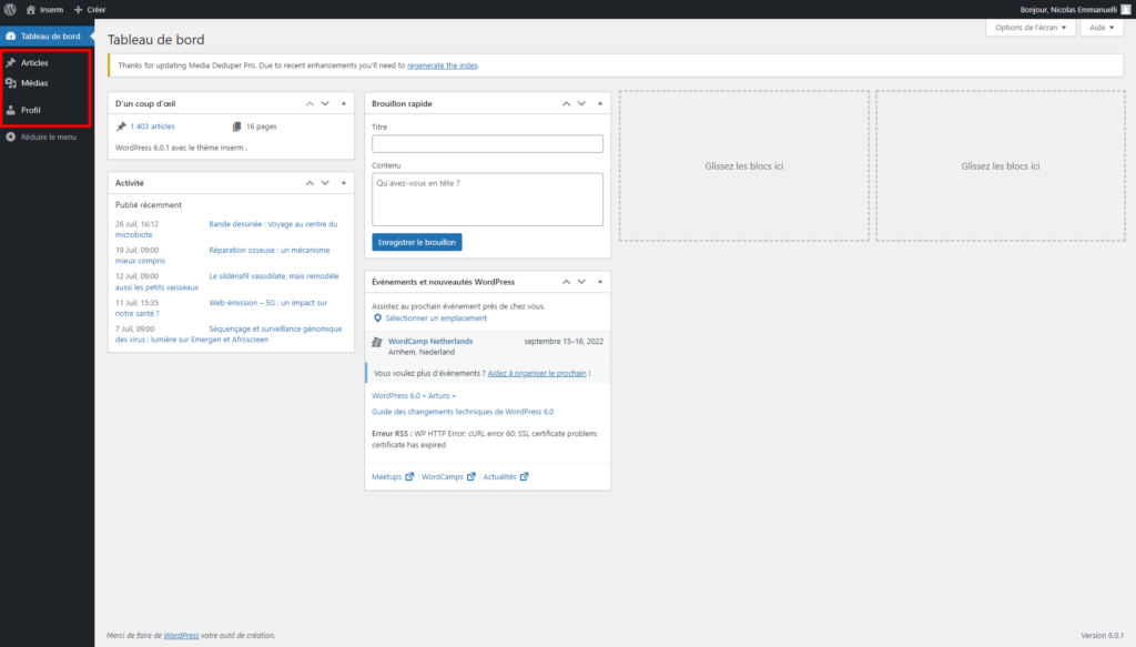 Tableau de bord d'inserm.fr après connexion. Une zone du menu de navigation de gauche est encadrée en rouge (Articles, Média, Profil).