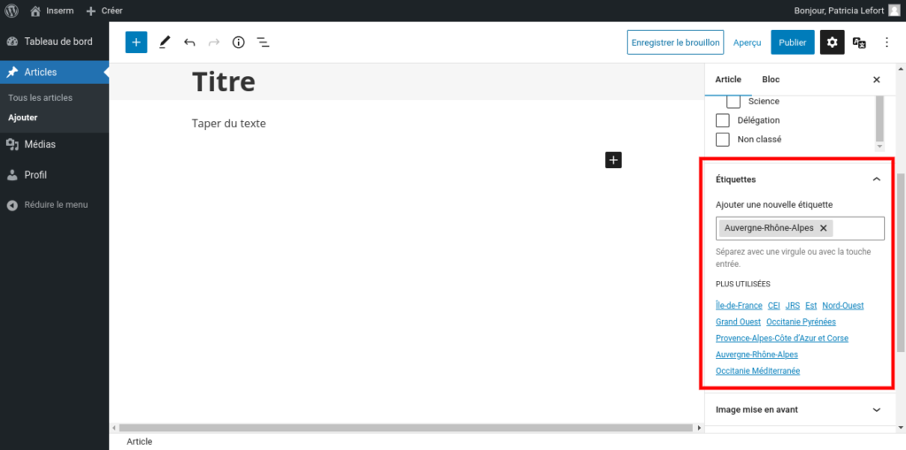 Éditeur WordPress. La section "Étiquettes" du menu latéral est encadrée en rouge. L'étiquette Auvergne-Rhône-Alpes est pré-sélectionnée. Les autres étiquettes s'affichent en suggestion.