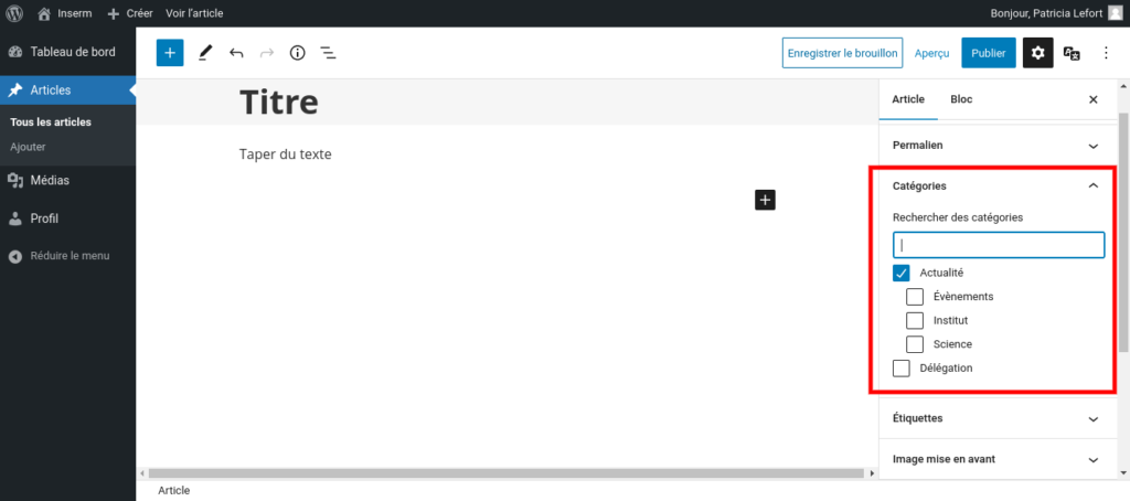 Éditeur WordPress. La section "Catégorie" du menu latéral est encadrée en rouge. La catégorie Actualité est cochée, les autres catégories disponible s'affichent.